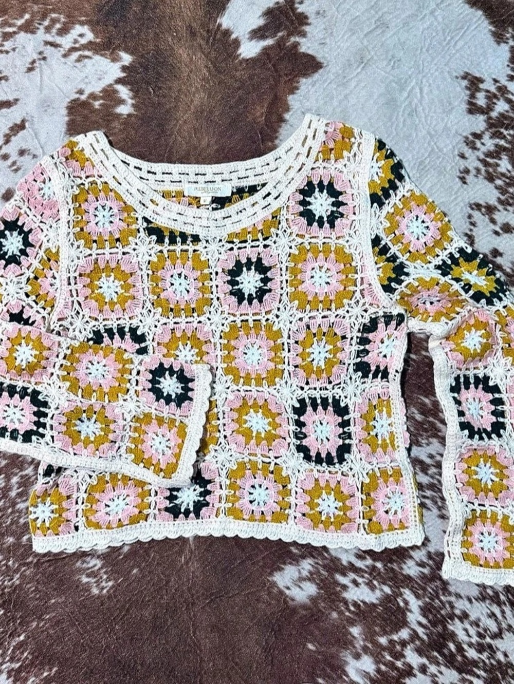 REBELLION Crochet Granny Square Sweater Size Medium